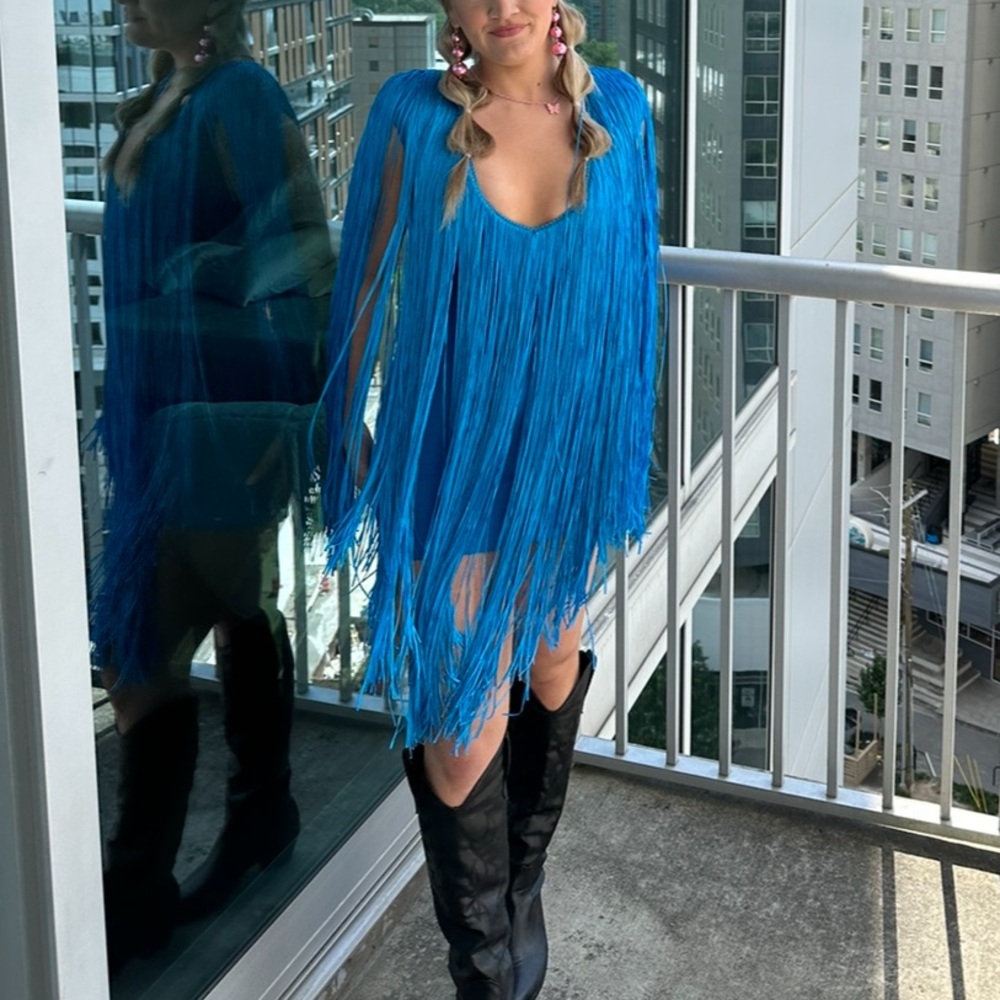 AKIRA Electric Blue Fringe Mini Dress - Picture 3 of 5